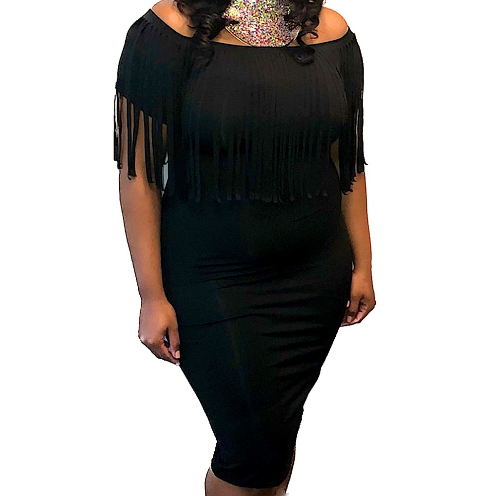 Black Fringe Off the Shoulder Bodycon Dress